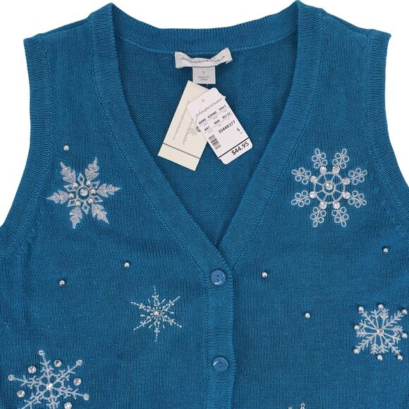 NEW Christopher & Banks Womens Sweater Vest Small Turquoise Winter Snowflakes 3D - Picture 3 of 9